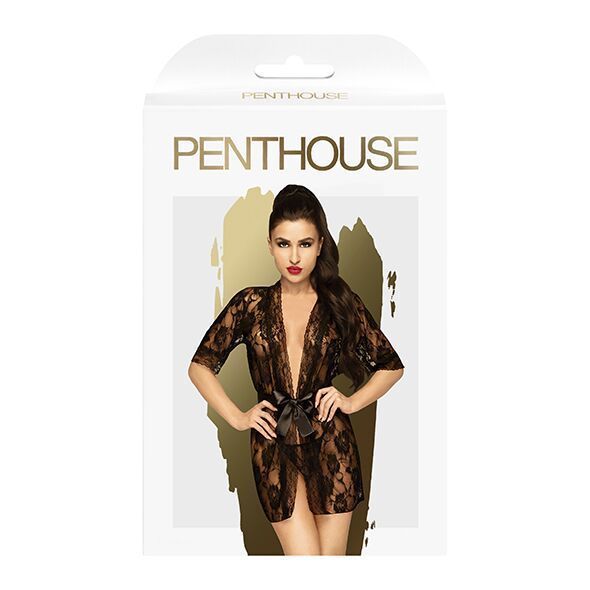Комплект пеньюар с декором в виде роз и стрингами Penthouse - Sweet Retreat Black XL SO5301