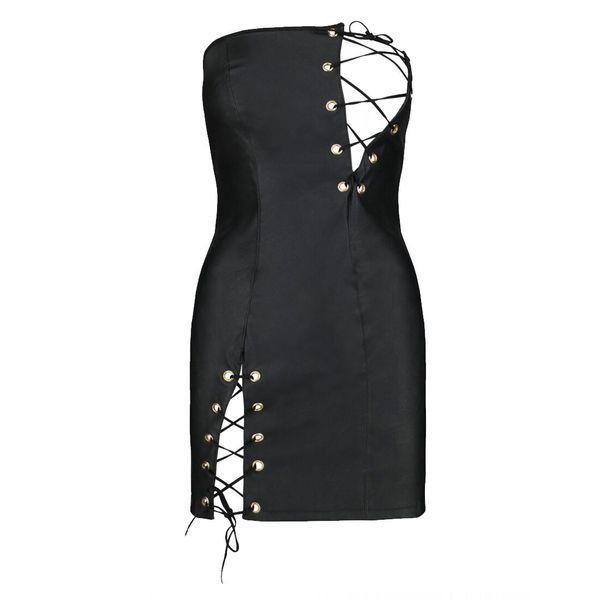 Мини-платье из экокожи Passion CELINE CHEMISE 4XL/5XL, black, шнуровка, трусики в комплекте SO7061