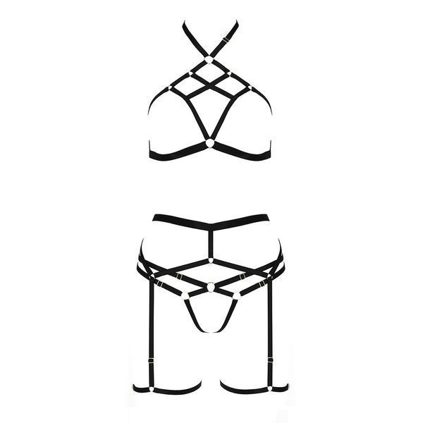 Комплект белья Passion Exclusive MORGAN SET OpenBra S/M, black, стрэпы, трусики, лиф, пояс PS23902