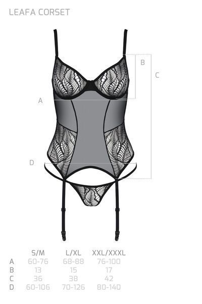 Корсет Passion LEAFA CORSET black, XXL/XXXL, мягкие чашки, зажимы для чулок, стринги в комплекте SX0505