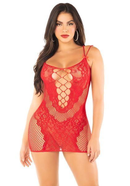 Платье Leg Avenue Lace and Net Mini Dress with Dual Strap One Size, Red SX1734