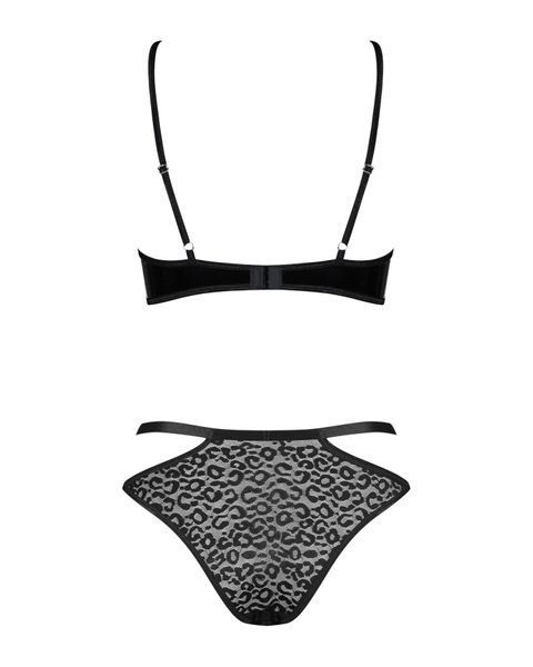 Еротичний комплект під латекс зі стрепами Obsessive Bagirela 2-pcs set L/XL, чорний, під леопард, бю SO7220