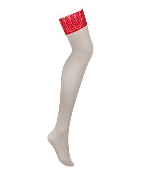 Чулки Obsessive Ingridia stockings XS/S, бежевые с красной резинкой SO9040