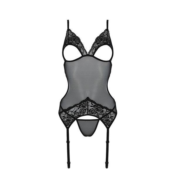 Корсет із підв&rsquo;язками та ажурним ліфом Passion CHRISTA CORSET XXL/XXXL, black, стрінги в комплекті SO5758