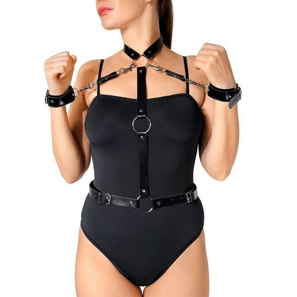 Кожаная женская портупея с наручниками Art of Sex - Ursula черная XS-2XL SX2352