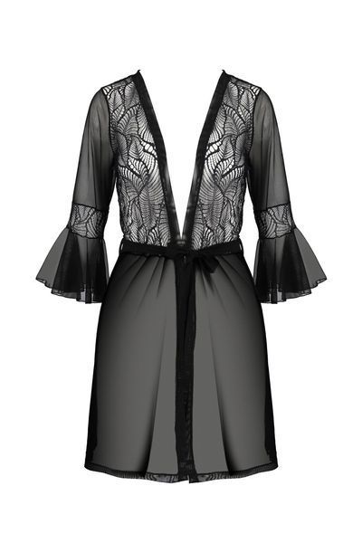 Пеньюар Passion LEAFA PEIGNOIR black, L/XL, довжина трохи вище коліна, широкі рукави, зав'язується на пояс SX0506
