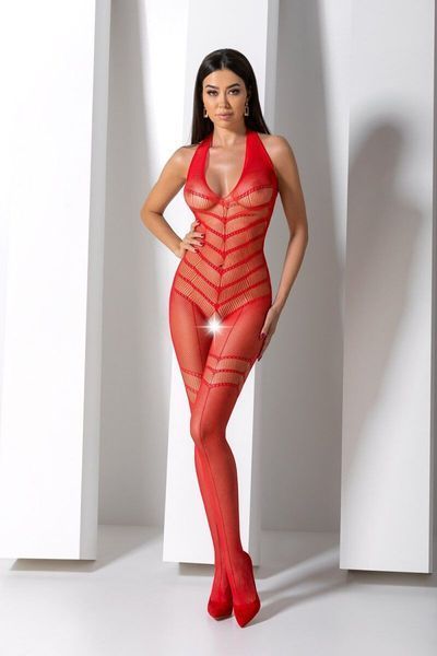 Бодістокінг з плетінням на животику Passion BS100 One Size, red, декоративний шов, з доступом SO8942