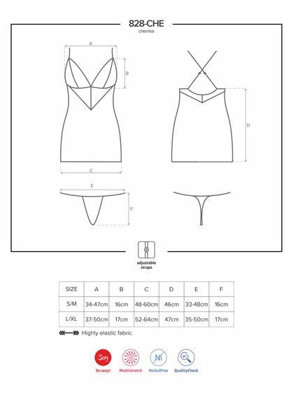 Сатиновый комплект для сна с кружевом Obsessive 828-CHE-1 chemise & thong S/M, черный, сорочка, стри SO7171
