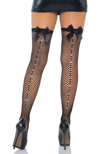 Панчохи-сітка зі швом ззаду Leg Avenue Bow back seam thigh highs One size Black, атласний бант SO8600