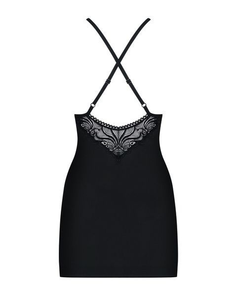 Сатиновый комплект для сна с кружевом Obsessive 828-CHE-1 chemise & thong S/M, черный, сорочка, стри SO7171