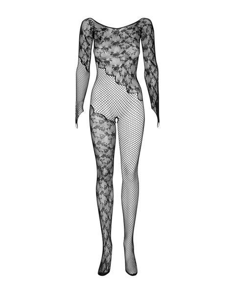 Бодістокінг Obsessive Bodystocking F210 S/M/L black, рукава-мітенки, сітка, кольорове мереживо SO7221