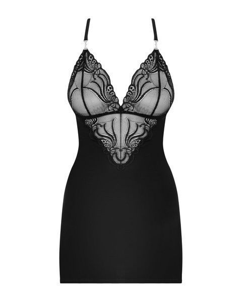 Сатиновый комплект для сна с кружевом Obsessive 828-CHE-1 chemise & thong S/M, черный, сорочка, стри SO7171
