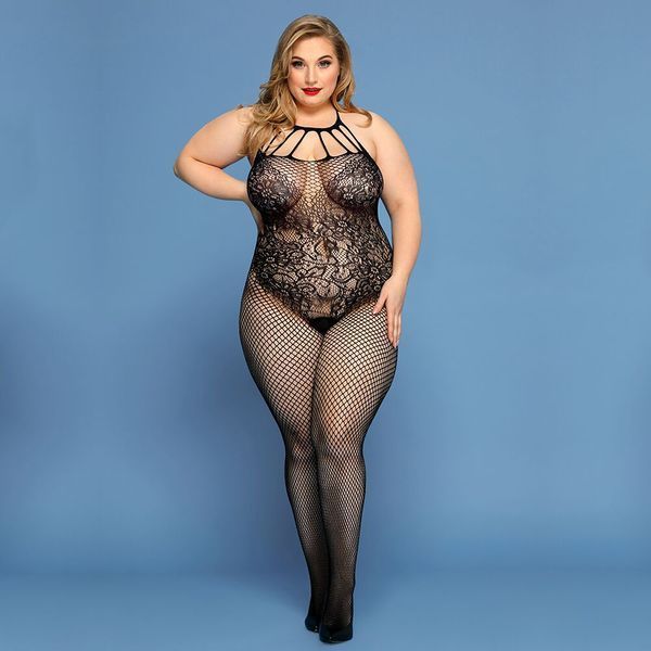 Сетчатый бодистокинг JSY &laquo;Откровенная Мадлен&raquo; Plus Size, Black, имитация боди, кружево, доступ SO8389
