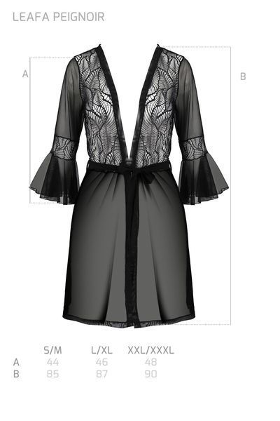 Пеньюар Passion LEAFA PEIGNOIR black S/M, довжина трохи вище коліна, широкі рукави, зав'язується на пояс SX0507