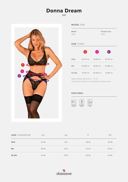 Комплект білизни Obsessive Donna Dream 3-pcs set M/L Black, бюстгальтер, стрінги, пояс для панчіх SO8637