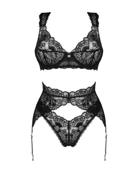 Комплект білизни Obsessive Donna Dream 3-pcs set M/L Black, бюстгальтер, стрінги, пояс для панчіх SO8637
