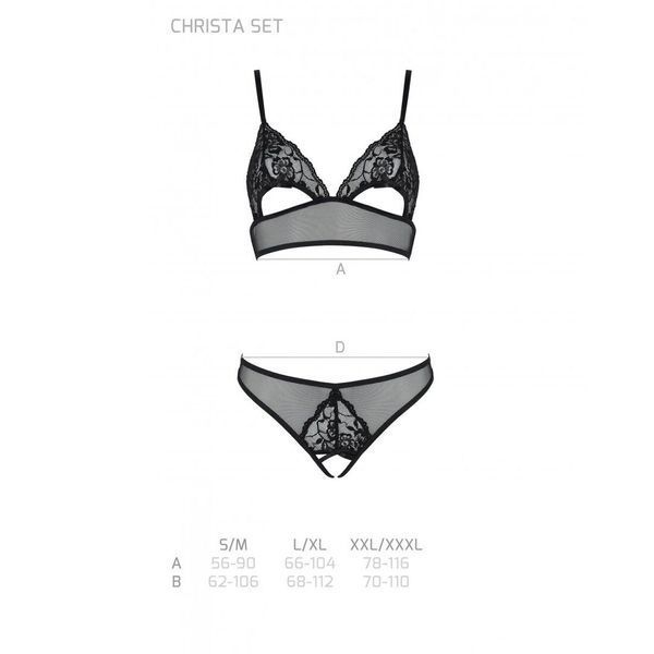 Комплект із бралету з ажурним ліфом та відкритими трусиками Passion CHRISTA SET Open Bra S/M black SO5760