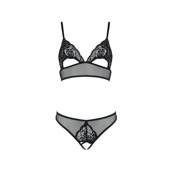Комплект із бралету з ажурним ліфом та відкритими трусиками Passion CHRISTA SET Open Bra S/M black SO5760