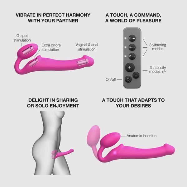 Безремінний страпон з вібрацією Strap-On-Me Vibrating Fuchsia L, діаметр 3,7см, пульт ДК, регульований SX2572