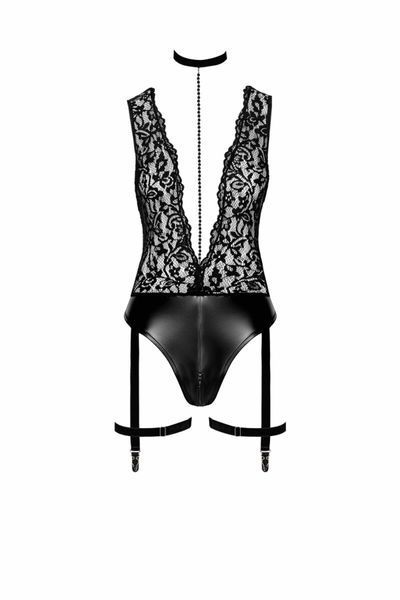 Боді Noir Handmade F297 Libido, XXL, чорне, мереживо, низ під латекс, відкритий доступ, гартери SX0223