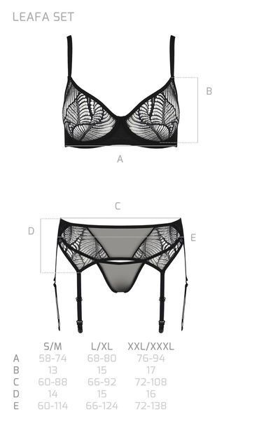 Комплект Passion LEAFA SET black, L/XL, кружево+сетка, бюстгальтер на косточках, стринги, пояс для чулок SX0509