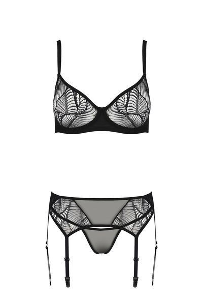 Комплект Passion LEAFA SET black, L/XL, кружево+сетка, бюстгальтер на косточках, стринги, пояс для чулок SX0509