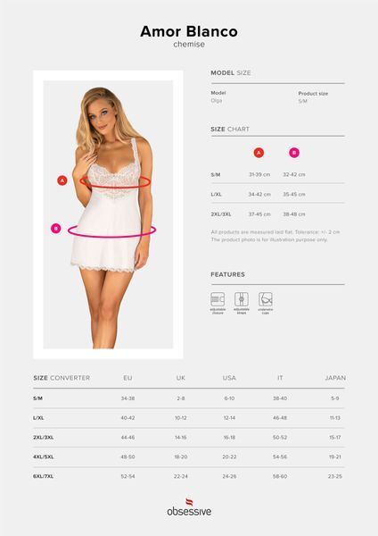 Сорочка Obsessive Amor Blanco underwire chemise & thong,L/XL, біла, мереживний ліф, стрінги в наборі SX1127