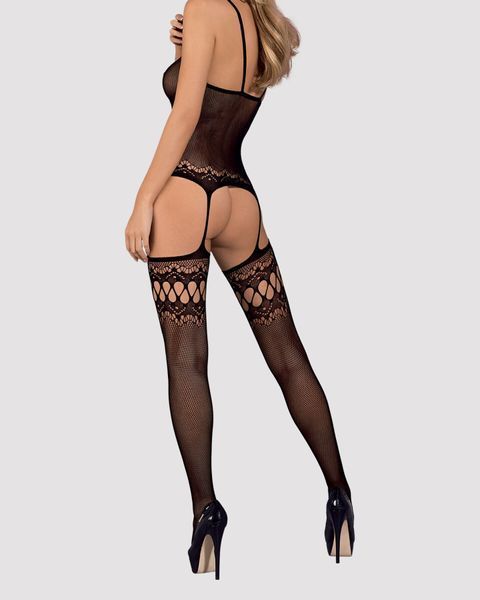 Бодістокінг Obsessive Bodystocking F214 black S/M/L, імітація корсета та панчіх на підв&rsquo;язках SO7224