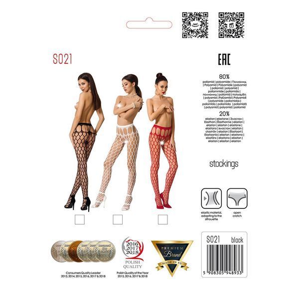 Эротические колготки-бодистокинг Passion S021 red, в крупную сетку с высоким пояском PSS021R