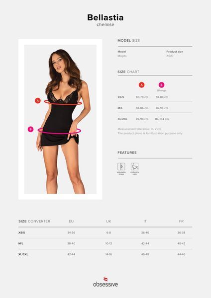 Сорочка Obsessive Bellastia chemise & thong, XS/S, непрозора, фігурне декольте, стрінги в наборі SX1128