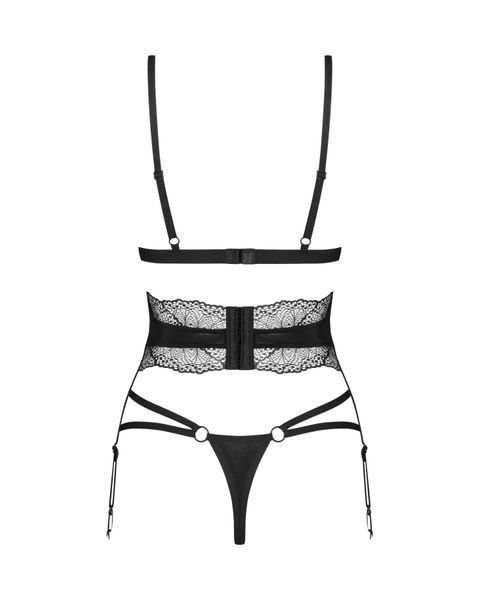Комплект Obsessive Lobellis 3-pcs set, XL/2XL, чорний, ліф з м&rsquo;якою чашкою, стрінги, пояс для панчіх SX1019