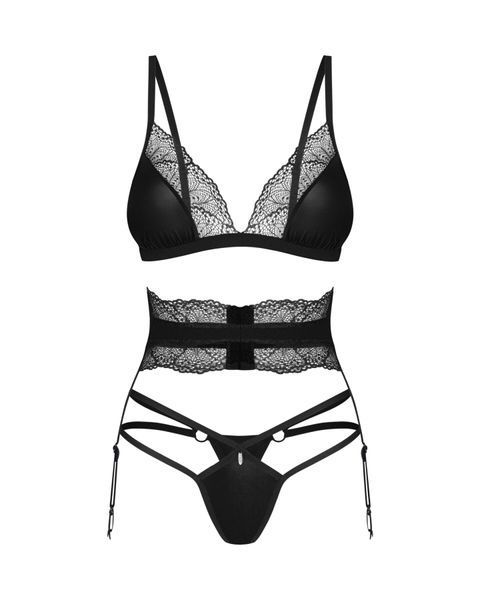 Комплект Obsessive Lobellis 3-pcs set, XL/2XL, чорний, ліф з м&rsquo;якою чашкою, стрінги, пояс для панчіх SX1019