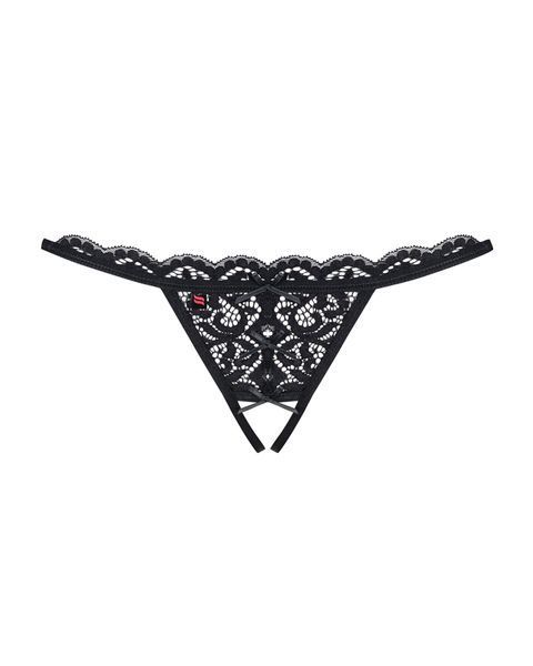 Кружевные танга с двумя отверстиями Obsessive 831-THC-1 crotchless thong S/M, черные, бантики SO7175