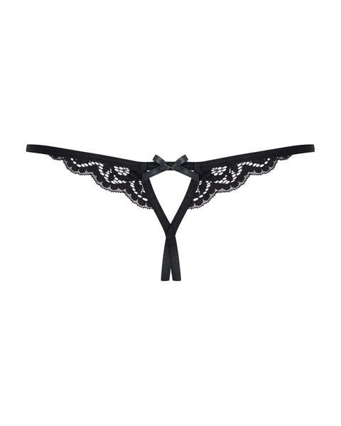 Кружевные танга с двумя отверстиями Obsessive 831-THC-1 crotchless thong S/M, черные, бантики SO7175