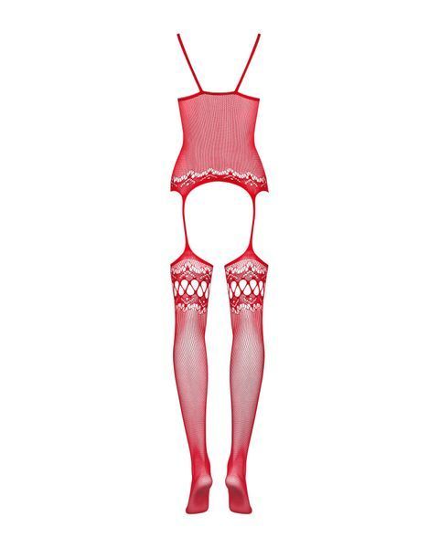 Бодістокінг Obsessive Bodystocking F214 red S/M/L, імітація корсета та панчіх на підв&rsquo;язках SO7225