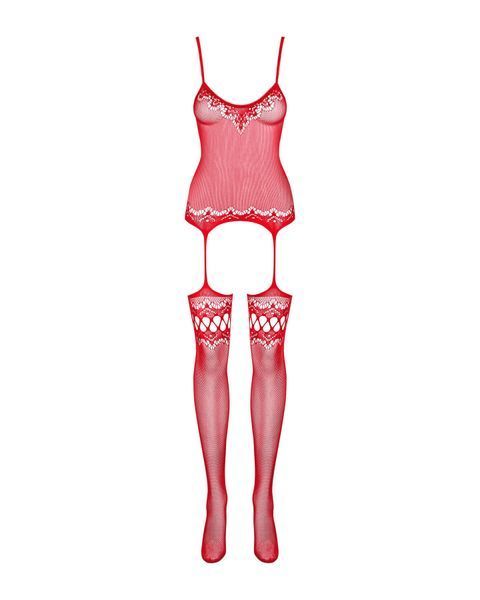 Бодістокінг Obsessive Bodystocking F214 red S/M/L, імітація корсета та панчіх на підв&rsquo;язках SO7225