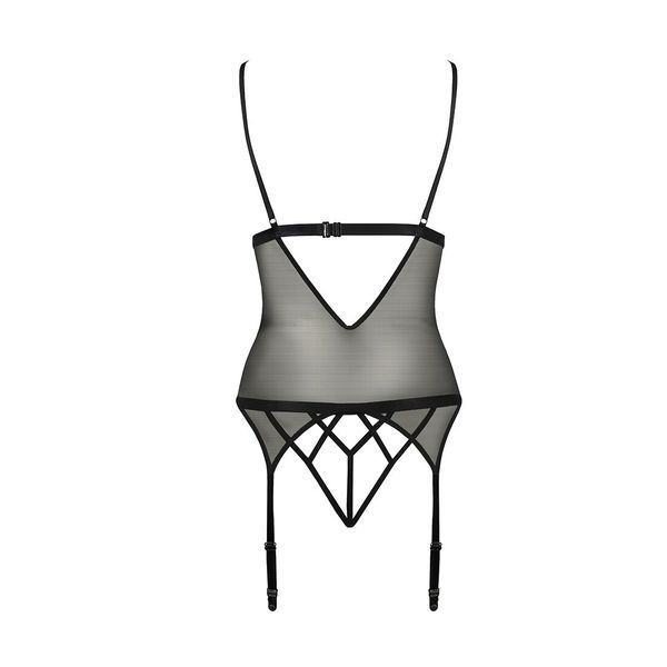 Корсет с открытой грудью Passion DIABOLINA CORSET L/XL, black, пажи, трусики, полупрозрачный PS25804