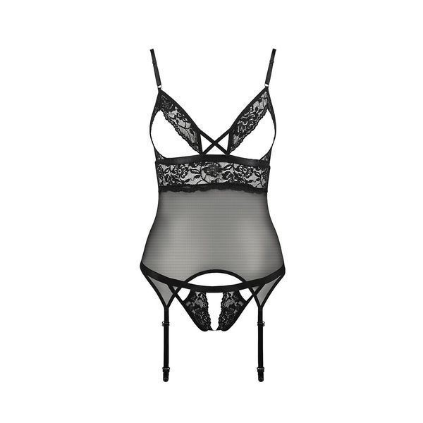 Корсет с открытой грудью Passion DIABOLINA CORSET L/XL, black, пажи, трусики, полупрозрачный PS25804