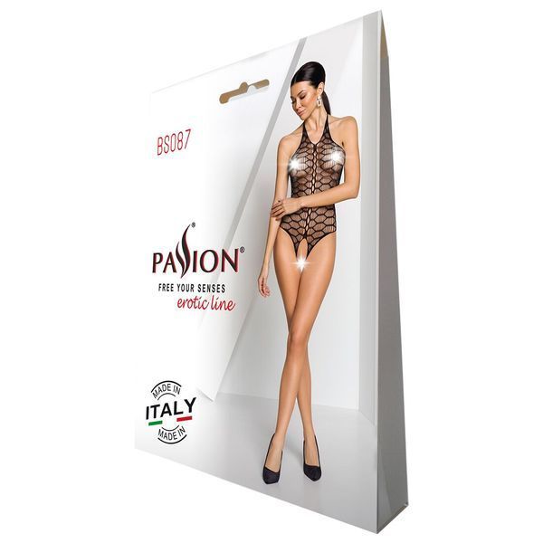 Бодистокинг в крупную сетку Passion BS087 black, открытая спина, халтер, с доступом SO6379