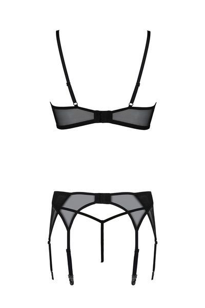 Комплект Passion LEAFA SET black, XXL/XXXL, мереживо+сітка, бюстгальтер на кісточках, стрінги, пояс для панчіх SX0511