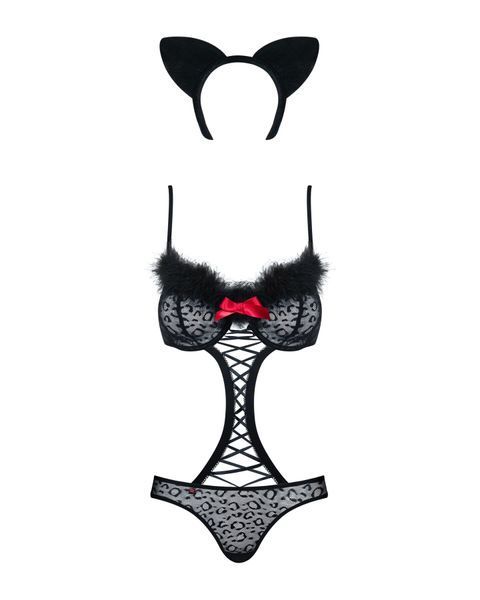 Еротичний костюм гепарду Obsessive Gepardina 3 pcs costume S/M, чорний, хутряне оздоблення, монокіні SO7276