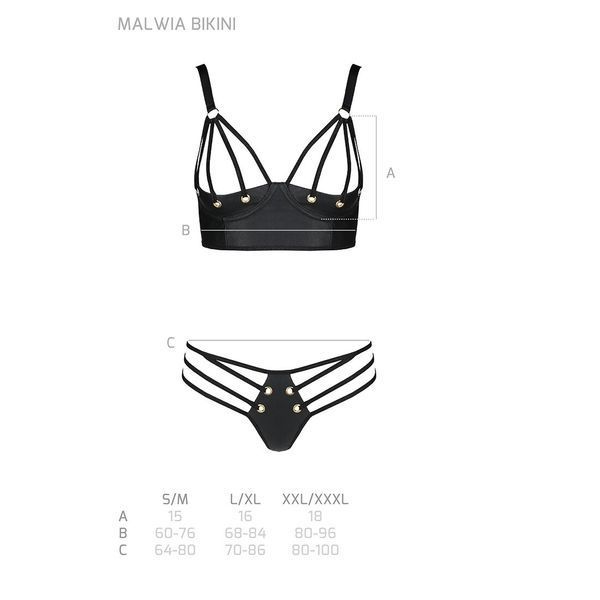 Комплект з екошкіри з люверсами та ремінцями Passion MALWIA BIKINI XXL/XXXL, black, бра та трусики SO5764