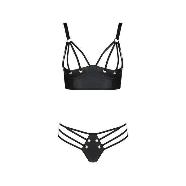 Комплект з екошкіри з люверсами та ремінцями Passion MALWIA BIKINI XXL/XXXL, black, бра та трусики SO5764