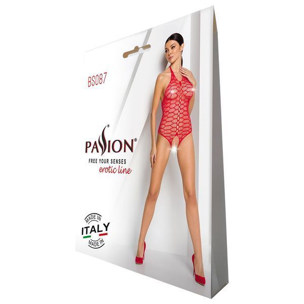 Бодистокинг в крупную сетку Passion BS087 red, открытая спина, халтер, с доступом SO6380