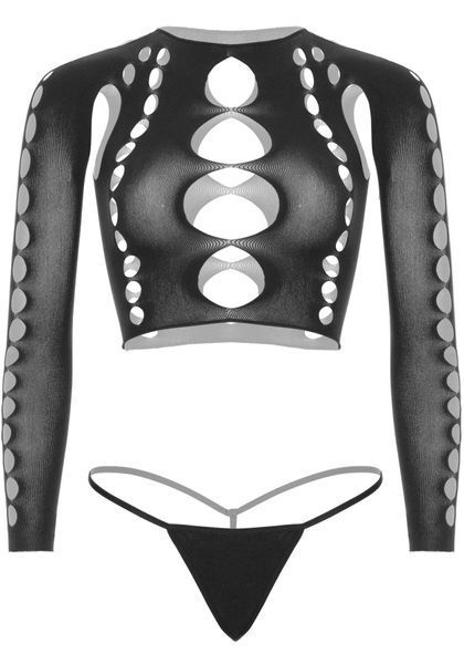 Комплект бесшовного белья Leg Avenue Long sleeve crop top & string Black, One Size, топ, стринги SO9098