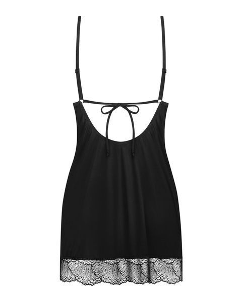 Пеньюар Obsessive Lobellis chemise & thong, M/L, чорний, мереживне оздоблення, стрінги в комплекті SX1021