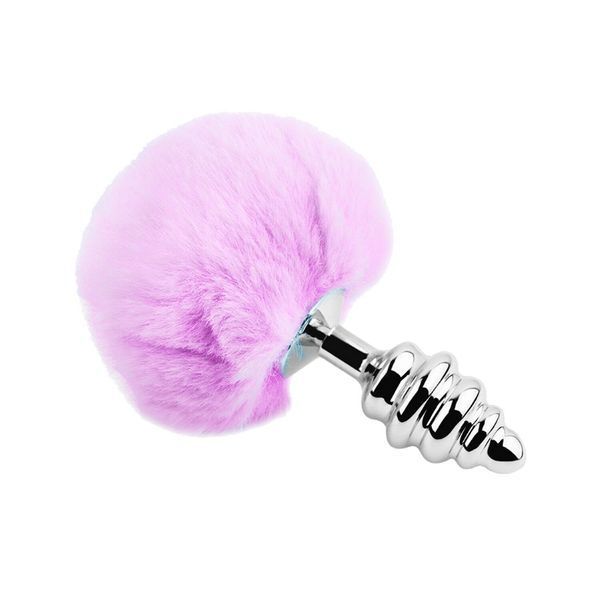 Металева анальна пробка Кролячий хвостик Alive Fluffy Twist Plug L Purple, діаметр 3,8 см SO6310