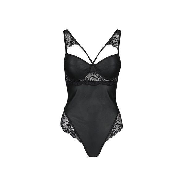 Боді з еко-шкіри та мережива Passion LOONA BODY L/XL, black SO5355