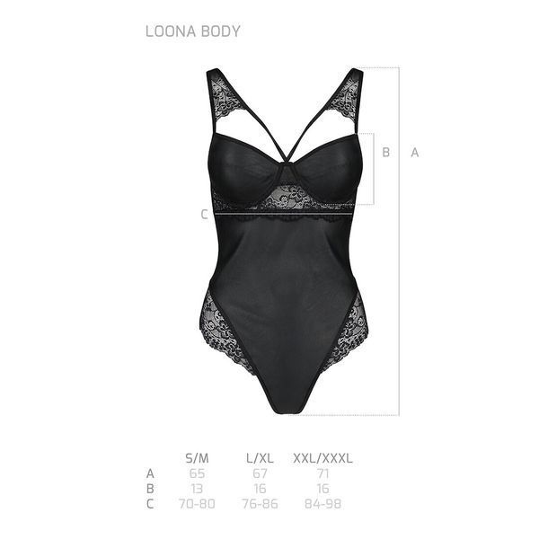Боді з еко-шкіри та мережива Passion LOONA BODY L/XL, black SO5355