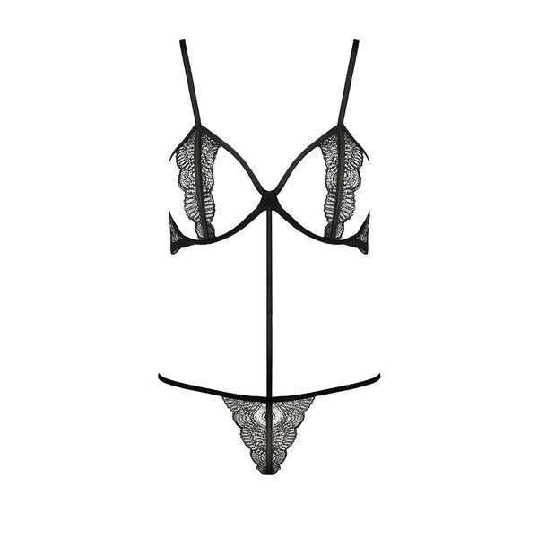 Комплект білизни Passion Exclusive QUENTRIS BIKINI L/XL, black, стрінги і напіввідкритий ліф PS26601